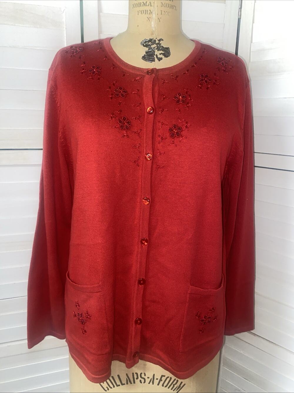 90s Y2K Bon Worth Red Christmas Beaded Sequins Sweater Cardigan MP Medium